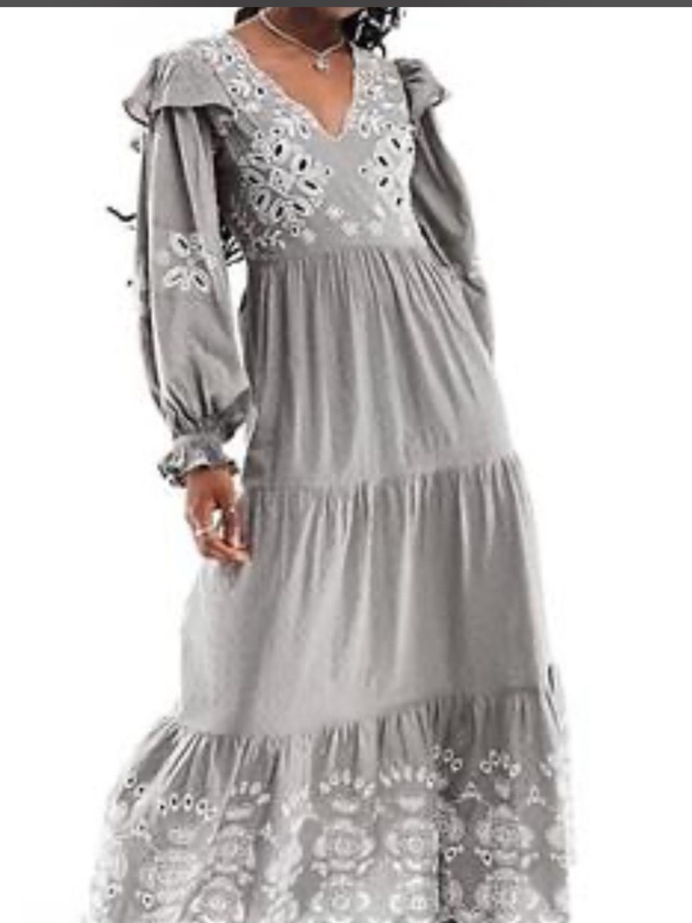 ASOS Gray Embroidered V-Neck Tiered Maxi Dress